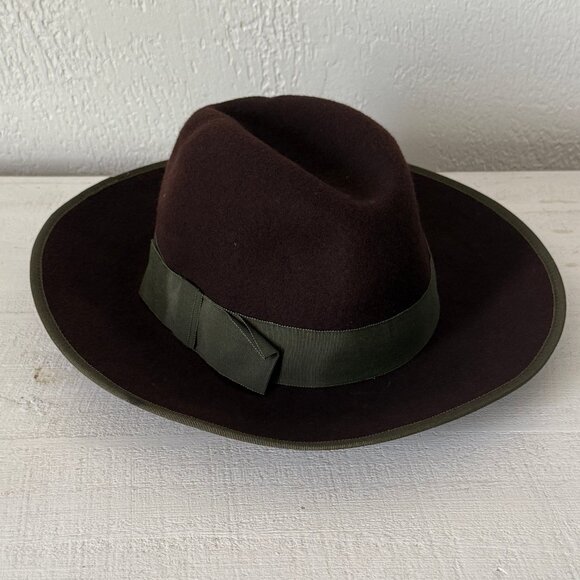 VTG Betmar Chelton Fedora Hat Olive Ribbon Trim Dark Purple Wool Felt One Size - Picture 1 of 10